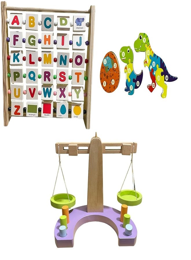 Kinder Creative Alphabet Abacus Learning Toy,Dino Life Cycle Jigsaw Puzzle,Wooden Weighing Scale for Kids, Educational Puzzle and Toys for Kids Pack of 3 - Image 1